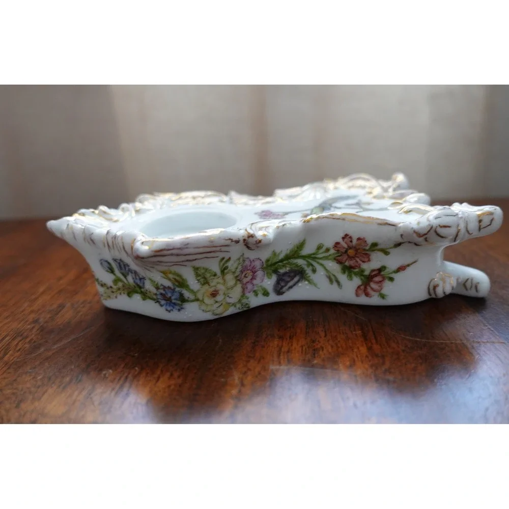 Antique Porcelain Victorian Inkwell white‎  gold accents colorful